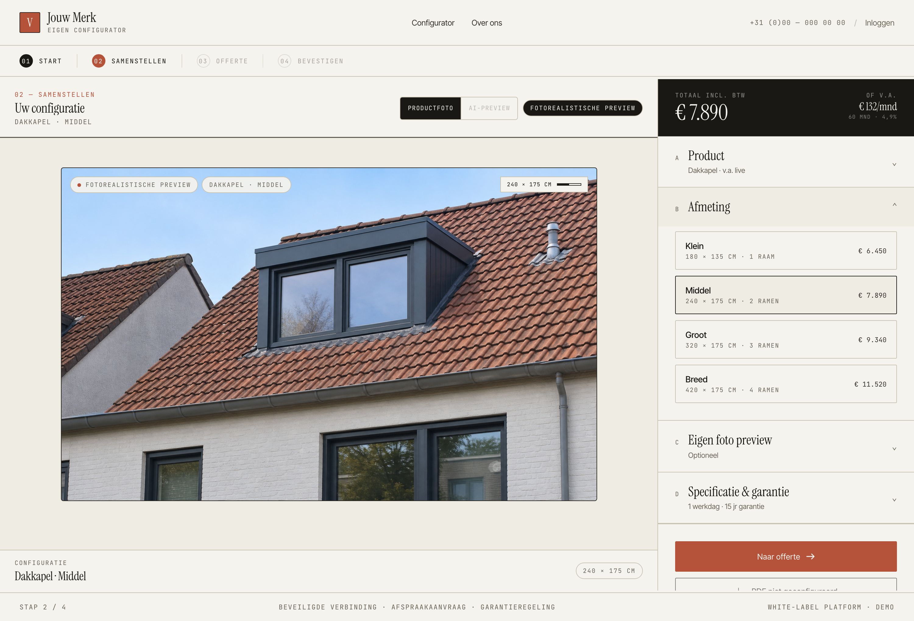 Screenshot van de Configly configurator met dakkapel preview
