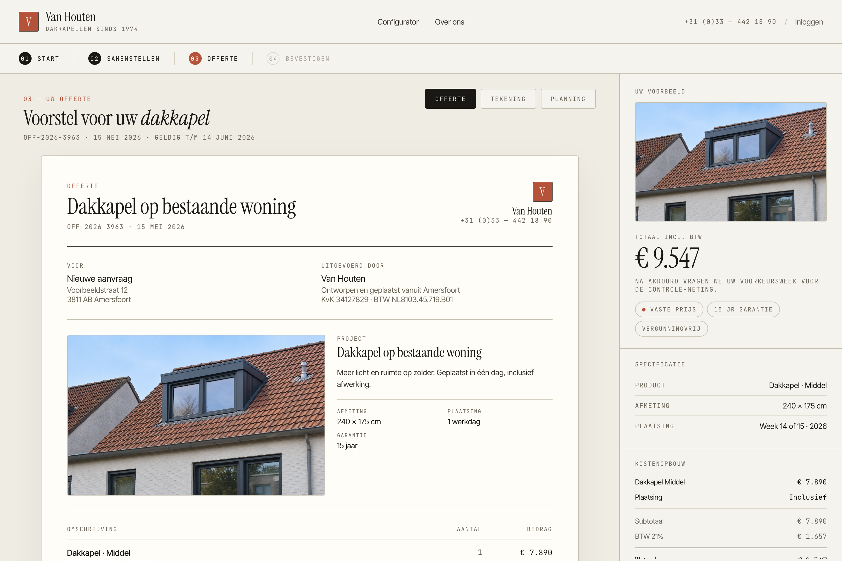 Screenshot van de offertepagina in Configly