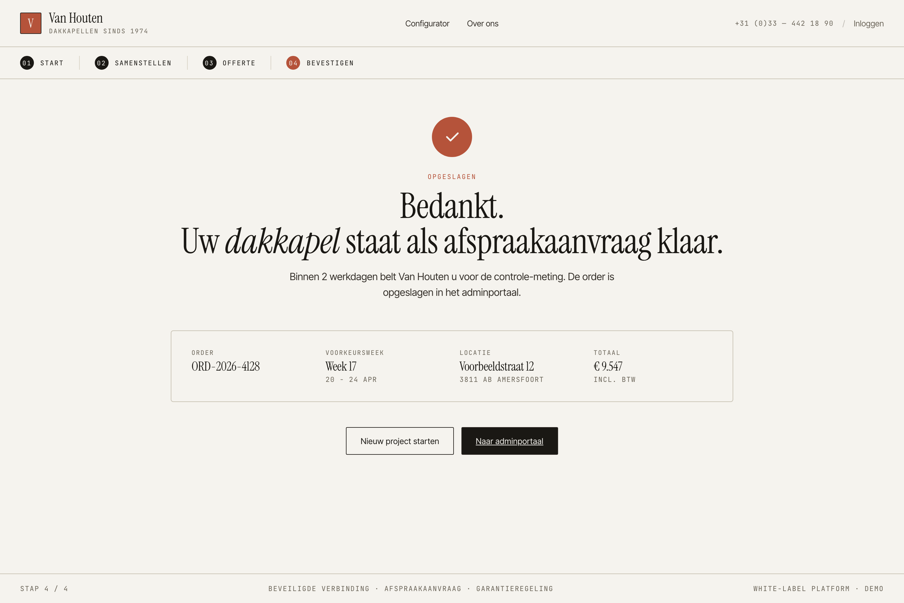Screenshot van de bevestiging na afspraakaanvraag in Configly